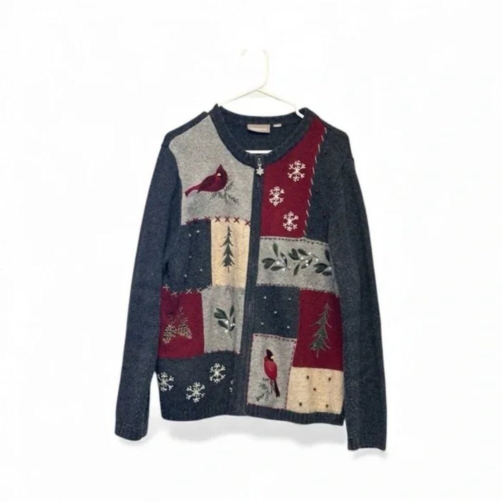 Croft & Barrow Women's Patchwork Cardigan - Gray w/ Cardinal Design Size Large